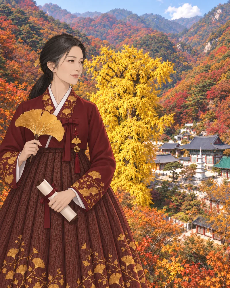 황금빛 은행나무와 용문사 전각, 가을 산림을 배경으로 검은 머리를 낮게 묶은 여성이 오른쪽 풍경을 바라본다. 자주색 짧은 저고리와 옷고름, 수피 무늬와 금색 은행잎 자수가 있는 치마를 입고 은행잎·나이테 모양 노리개를 달았다. 양손에는 은행잎 모양 부채와 말린 두루마리를 들고 있다. 인물·복식과 전경의 배치는 창작이다.