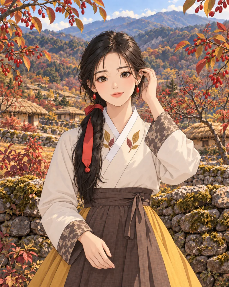 산수유를 의인화한 검은 머리의 한국 캐릭터. 산수유 잎을 본뜬 깃 자수와 수피 무늬 소매의 미색 옷을 입고, 붉은 타원형 열매 귀걸이를 단 채 한 손으로 귀 옆 머리칼을 넘긴다. 뒤로 가을 열매 가지, 돌담, 초가와 산 능선이 보이는 애니메이션풍 그림.