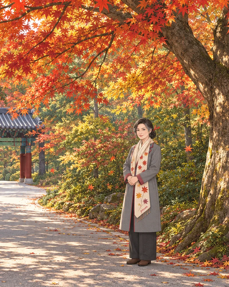 문수사 단풍숲 진입로를 참고한 창작 장면. 단풍 수관과 굵은 노거수가 화면을 덮고, 그 곁 회색 포장길 위에 선 여성 캐릭터가 두 손을 배 앞에 포개고 올라오는 사람을 맞이한다. 회색 긴 코트·먹색 바지·낮은 갈색 신발·미색 단풍잎 스카프·붉은 머리 장식. 몸·고개·발은 같은 방향, 두 신발은 포장면에 접지. 작은 붉은 기둥 기와 문은 길 안쪽 왼편 숲 뒤로 보이며, 문 너머 별도 전각·지붕·탑은 없다. 4:5에는 전신·두 신발·주요 줄기밑동과 문 기둥·지붕 일부가 포함된다. 실제 현장 그대로의 배치는 아니며 가을색·인물·나무 위치·카메라는 창작. 참고사진: 한국학중앙연구원 한국민족문화대백과사전 「고창 문수사 단풍나무 숲」, https://encykorea.aks.ac.kr/Article/E0075184, 미디어c5961759, 공공누리 제1유형, 촬영일 미표기. Claude의 4:5 크롭 보정 후 사용자 확정 장면v7. 4:5·16:9는 동일 원본의 정수 크롭. 출력 차이와 검수 이력은 v7_장면검수.md에 보존.