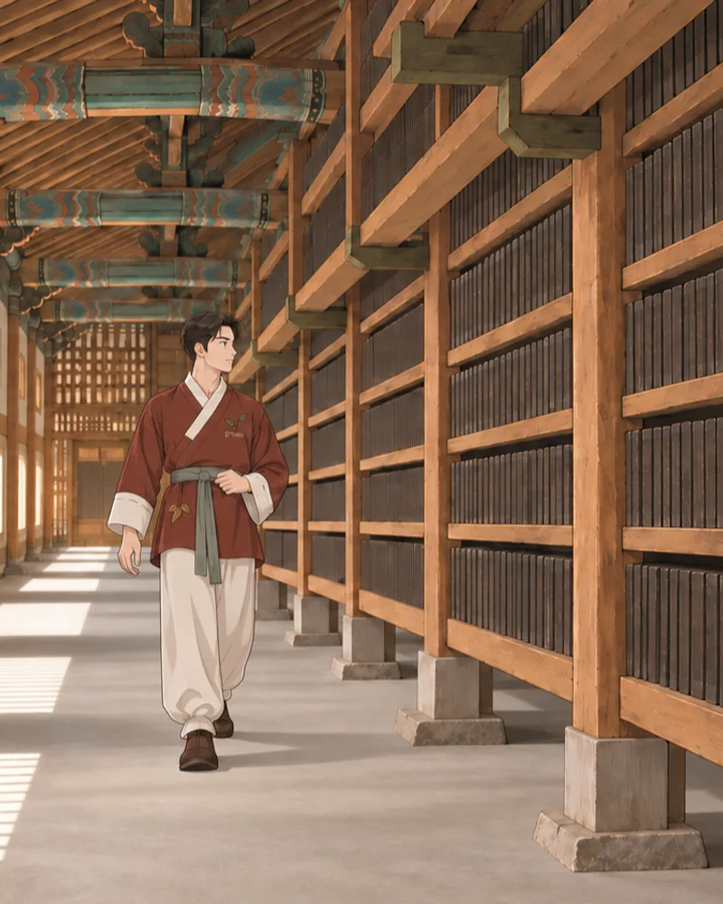 해인사 장경판전 안, 서가 사이 통로를 그린 그림. 오른쪽에는 검은 경판이 빽빽이 꽂힌 나무 서가가 여러 단으로 길게 이어지고, 왼쪽 흰 벽의 살창으로 들어온 햇빛이 바닥에 줄무늬를 만든다. 적갈색 겉옷에 미색 깃과 끝동, 녹색 띠, 미색 바지를 입은 남성 캐릭터가 통로를 걸으며 고개를 돌려 서가를 바라본다. 가슴에는 잔가지와 잎 자수가 있다. 경판에는 손대지 않았고 경판 글자는 그리지 않았다. 인물과 구도는 AI 창작이다.