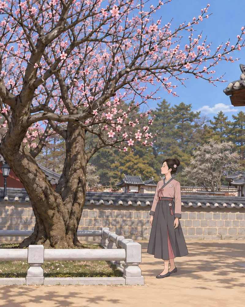 강릉 오죽헌 율곡매를 바탕으로 그린 그림. 갈라져 꼬인 줄기의 오래된 매화나무가 낮은 돌 울타리 안에 서 있고, 잎 없는 가지마다 연분홍 꽃이 피어 있다. 기와 담장과 한옥 처마 곁, 연분홍 저고리형 상의와 진회색 긴 치마를 입고 머리를 높이 틀어 올린 여성 캐릭터가 울타리 밖에 서서 매화 줄기를 바라본다. 머리에 매화 핀, 가슴에 매화 자수가 있다. 인물과 구도는 AI 창작이며 역사 인물을 그린 것이 아니다.