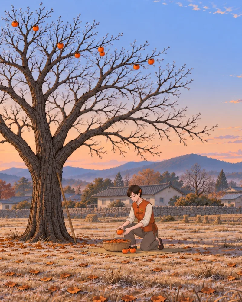 An illustration of a persimmon tree in a late-autumn village covered in frost. In front of low farmhouses, a stone wall and a harvested field, a woman in an orange vest kneels and puts persimmons in a basket. A few orange persimmons remain on the bare branches.
