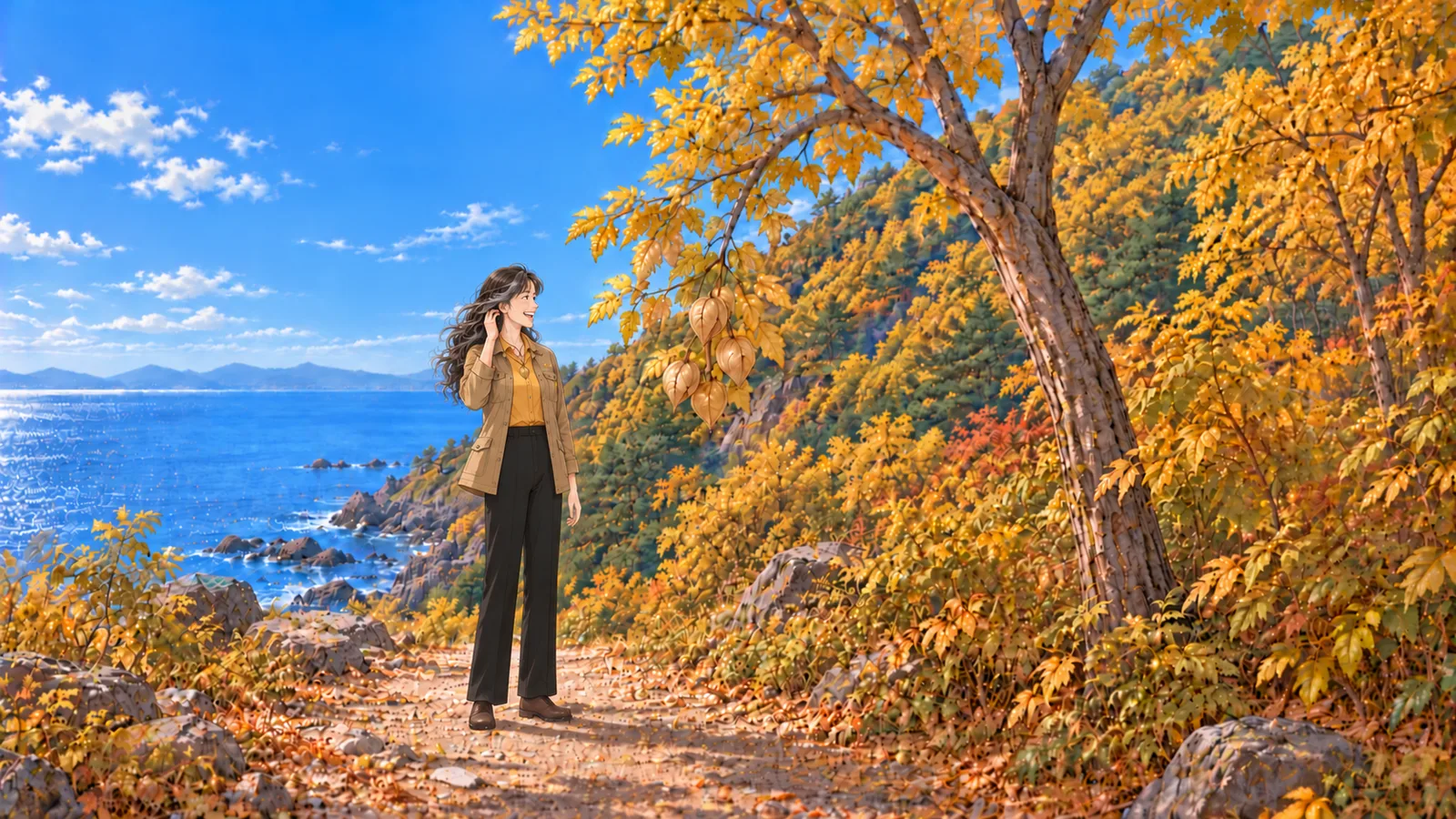 푸른 바다와 갯바위 옆 흙길에 선 인물이 바람에 날리는 머리를 한 손으로 넘기며 가지에 달린 황갈색 등불 모양 열매를 바라본다. 노란 잎으로 물든 숲이 오른쪽 비탈을 덮고 있다.